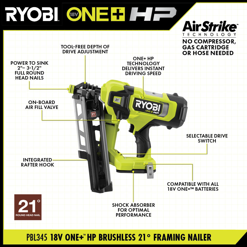 18V ONE+ HP Brushless AirStrike 21° Framing Nailer  Image 2