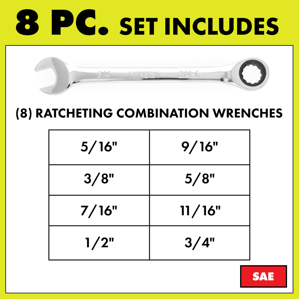 8 PC. SAE Ratcheting Combination Wrench Set